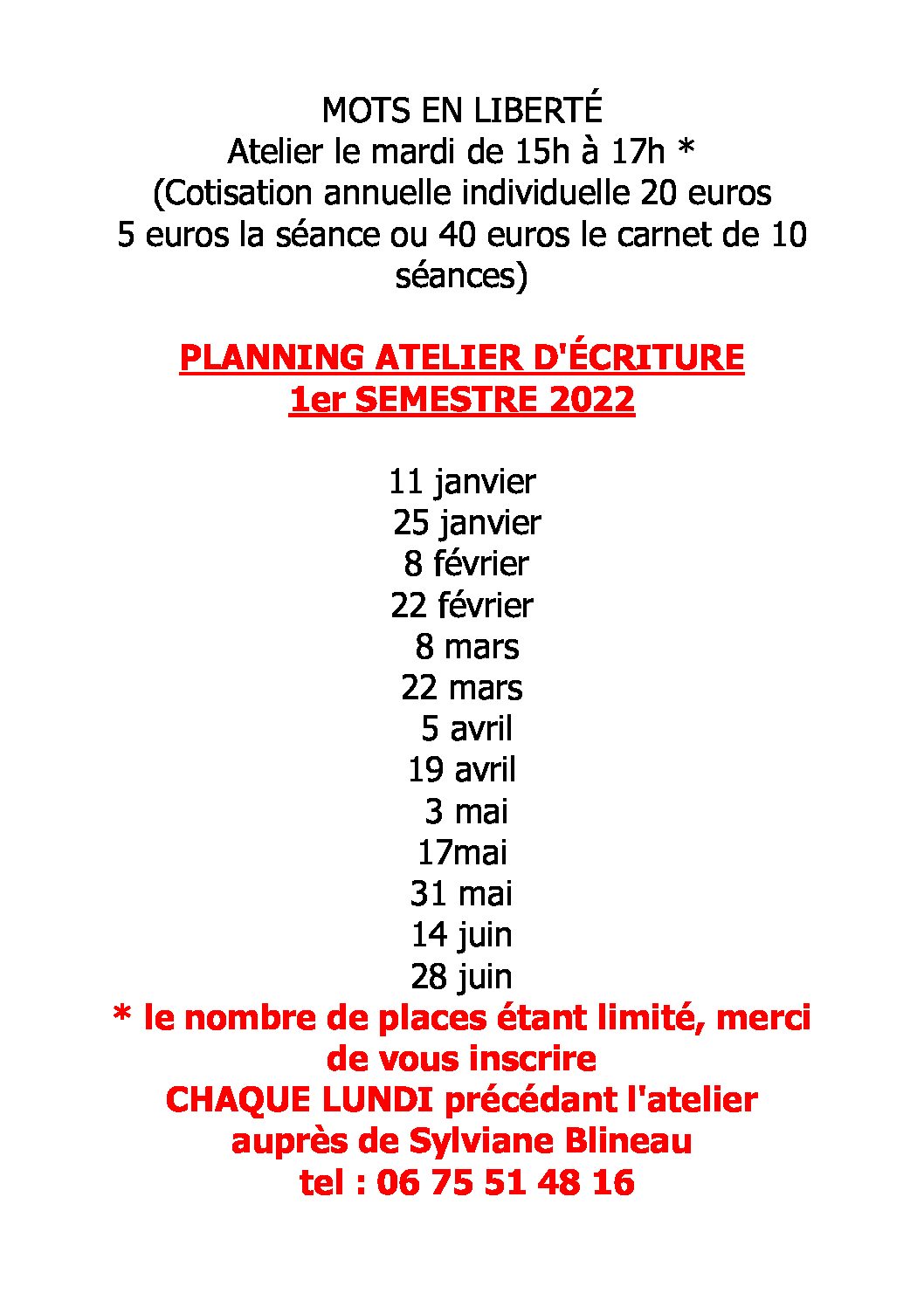 Planning ateliers Mots en Liberté 2022