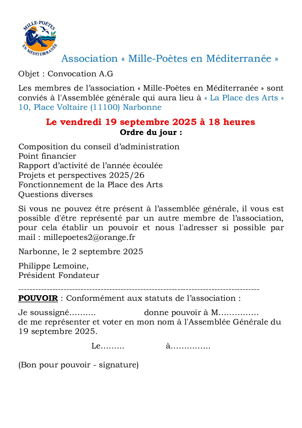 Assemblée générale du 19 septembre 2025 à 18 h